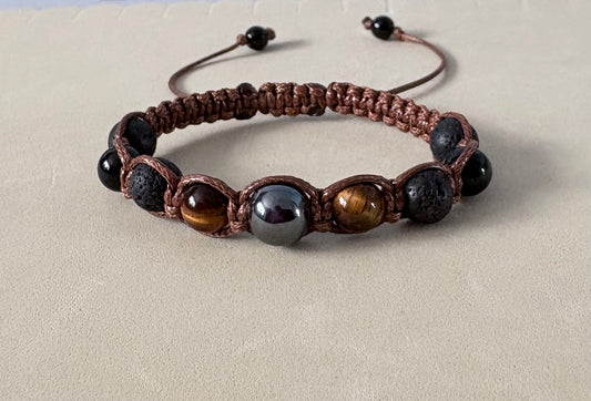 Handmade Macrame Gemstone Bracelet – Tiger's Eye, Hematite & Lava Rock