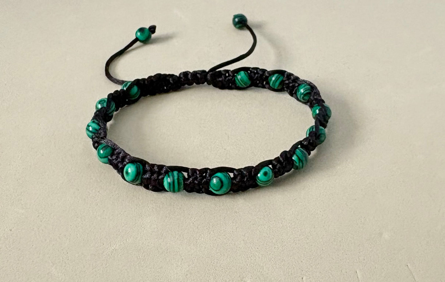 Handmade Synthetic Malachite Macrame Bracelet – Adjustable Black Satin Cord