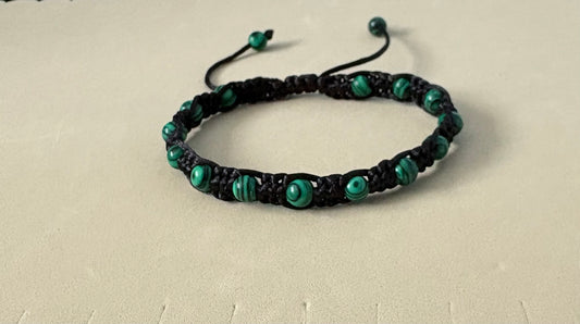 Handmade Synthetic Malachite Macrame Bracelet – Adjustable Black Satin Cord
