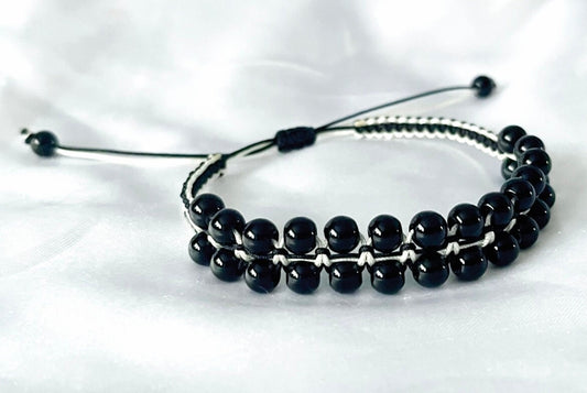 Black Onyx Double Layer Bracelet: Adjustable Beaded Cord