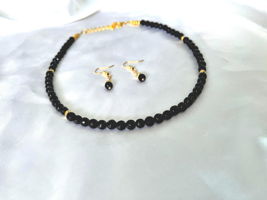 Black Onyx Necklace and Earring Set: Faceted Bead Choker