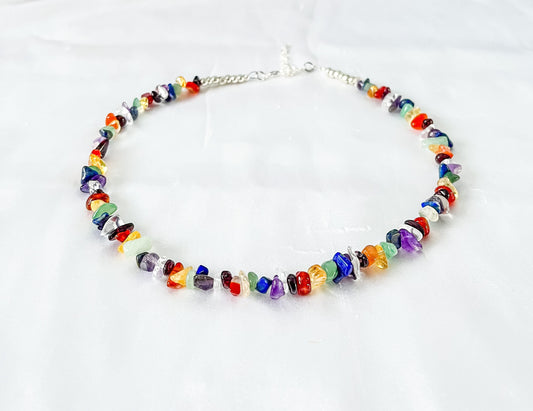 Handmade 7 Chakra Crystal Necklace: Mix Gemstone Chip Choker