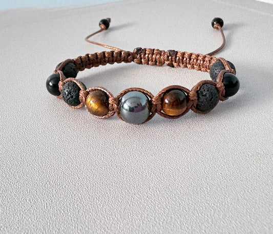 Handmade Macrame Gemstone Bracelet – Tiger's Eye, Hematite & Lava Rock