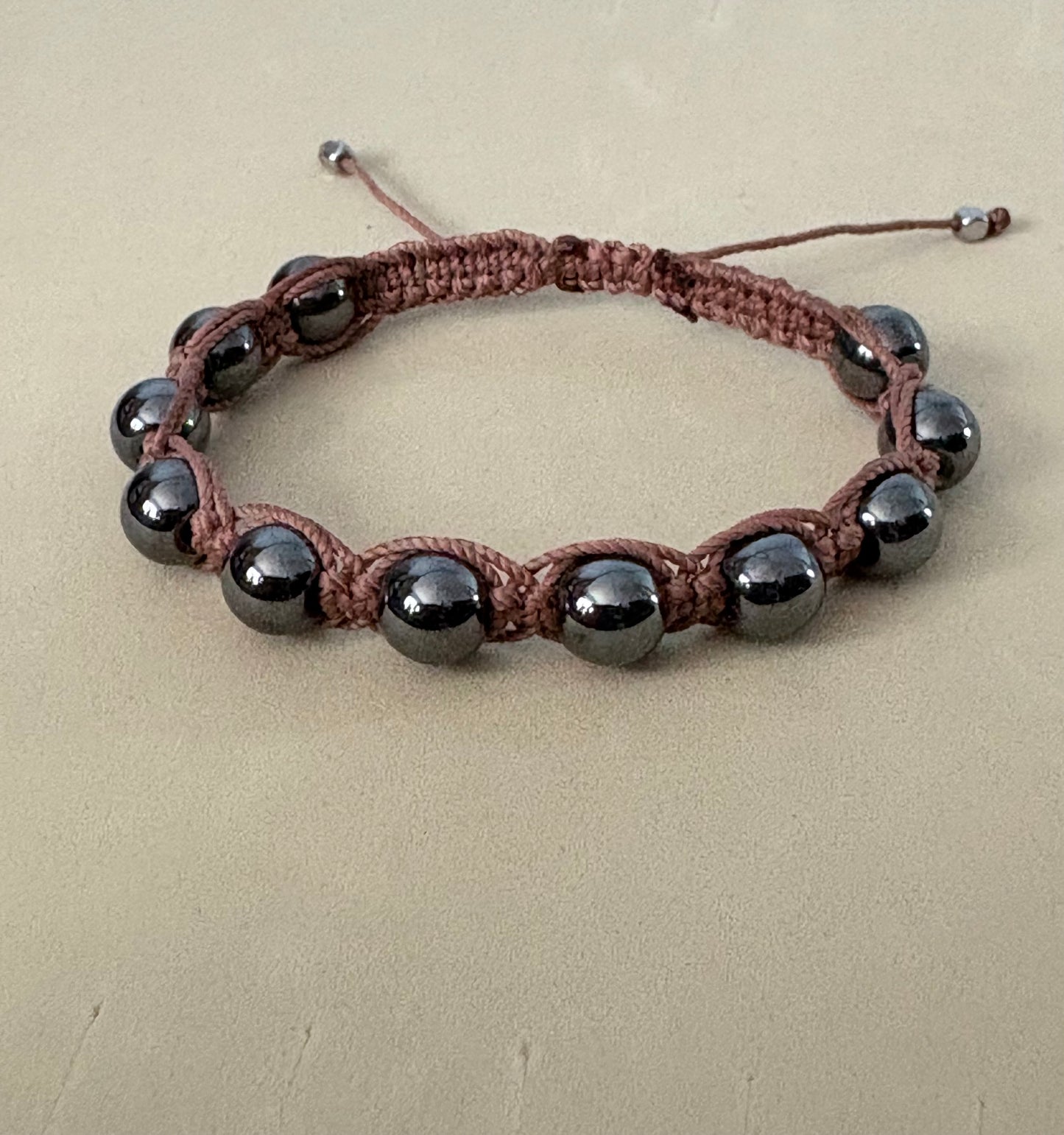 Handmade Hematite Macrame Bracelet – Earthy Brown Adjustable Wax Cord