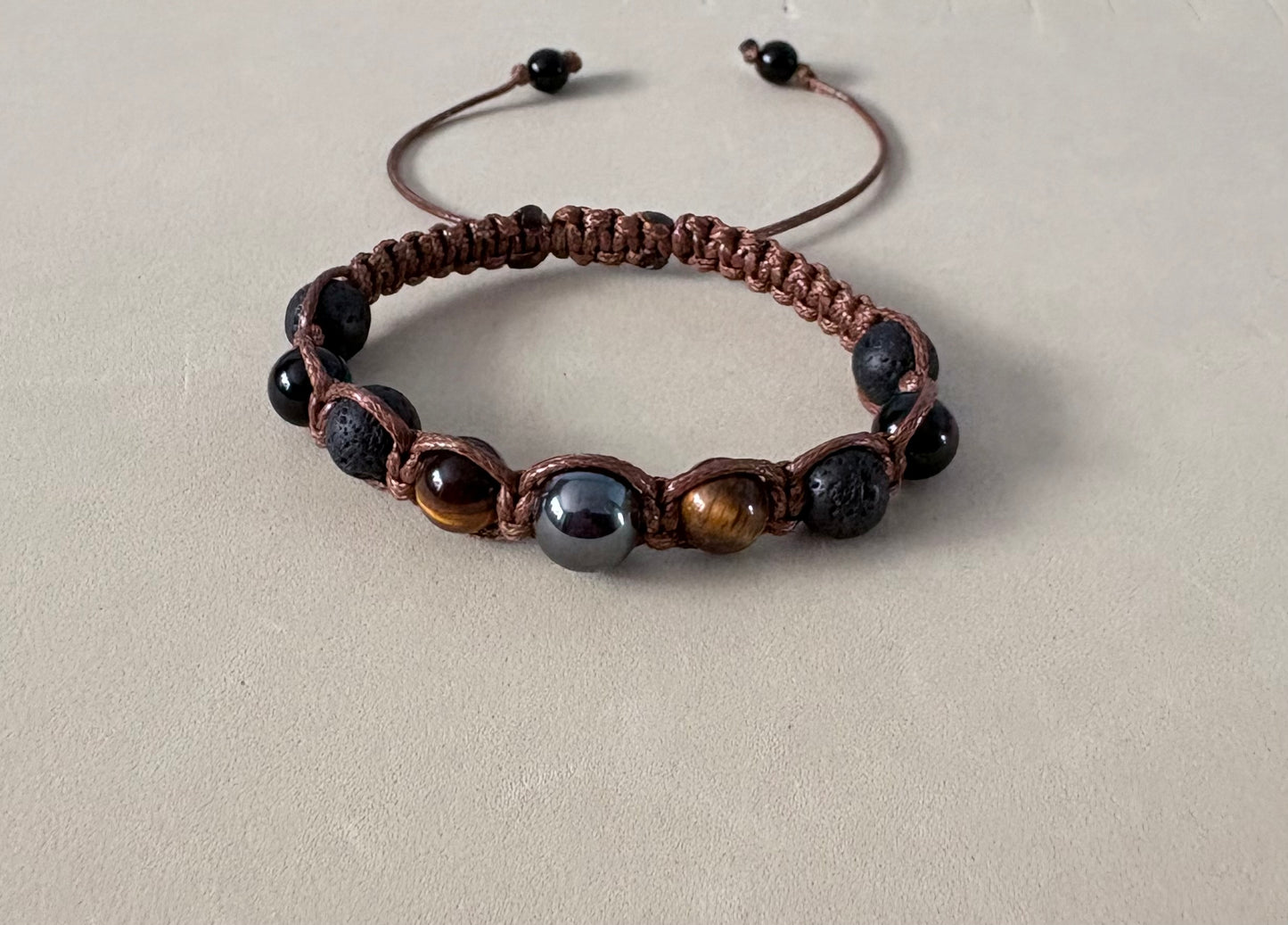 Handmade Macrame Gemstone Bracelet – Tiger's Eye, Hematite & Lava Rock