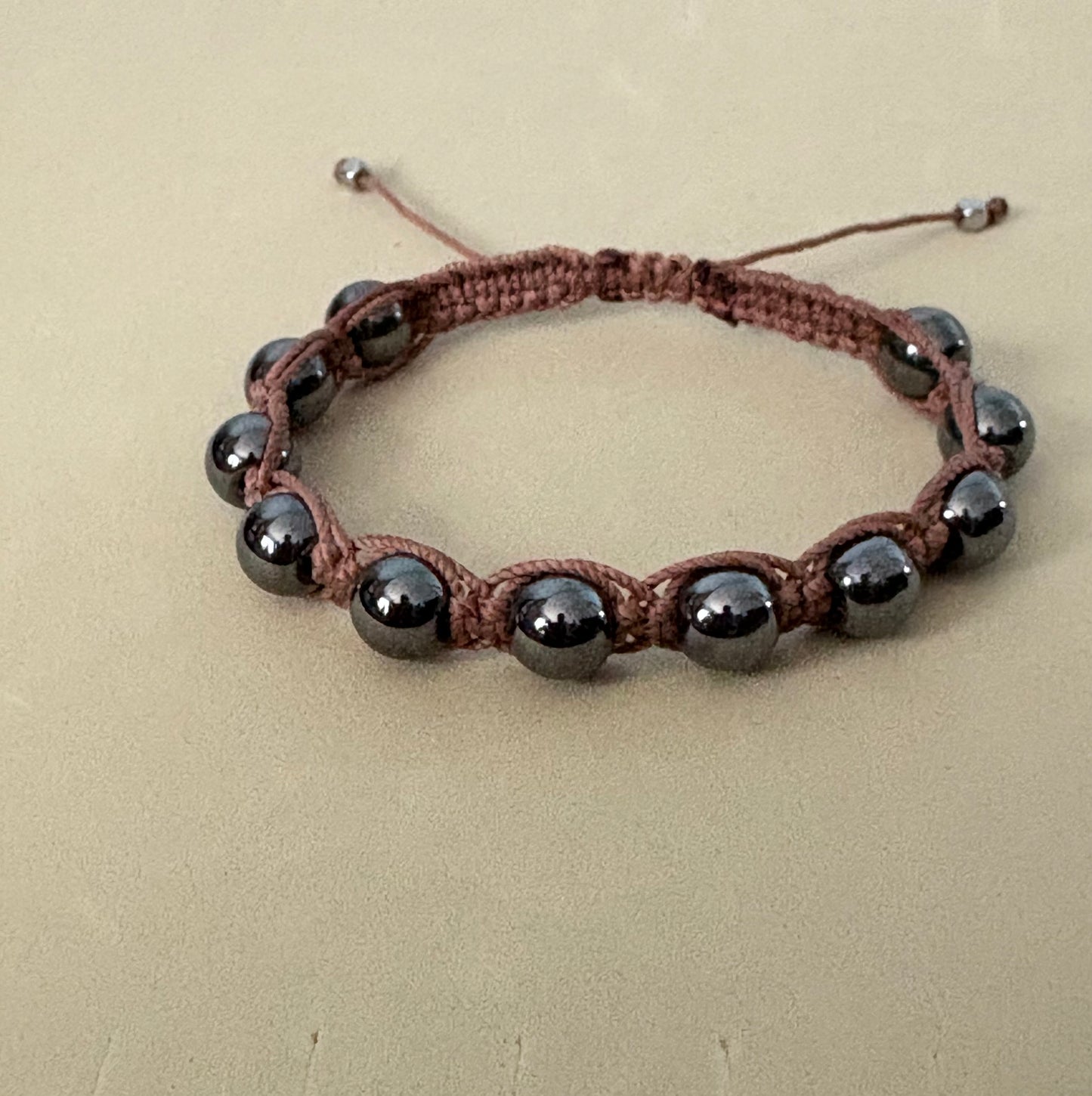 Handmade Hematite Macrame Bracelet – Earthy Brown Adjustable Wax Cord
