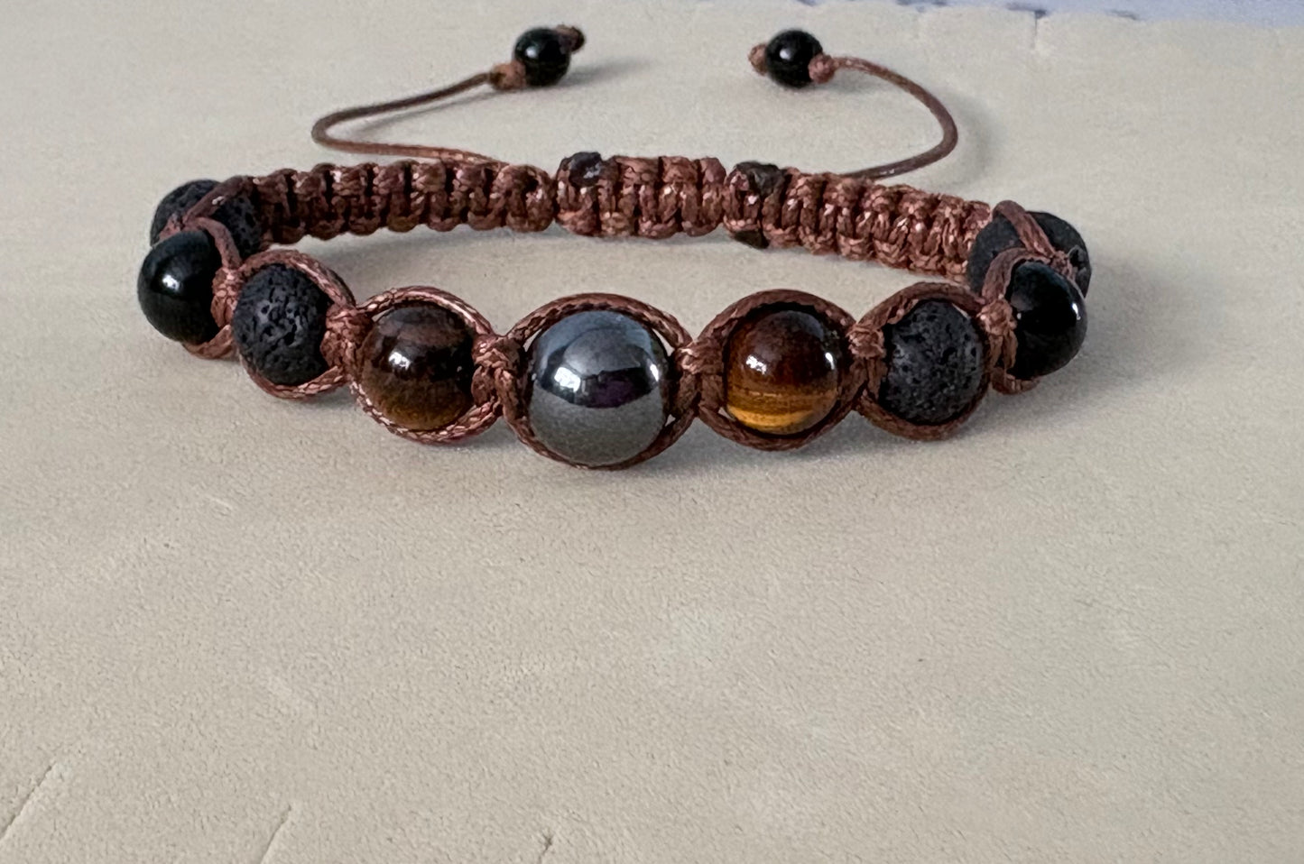 Handmade Macrame Gemstone Bracelet – Tiger's Eye, Hematite & Lava Rock