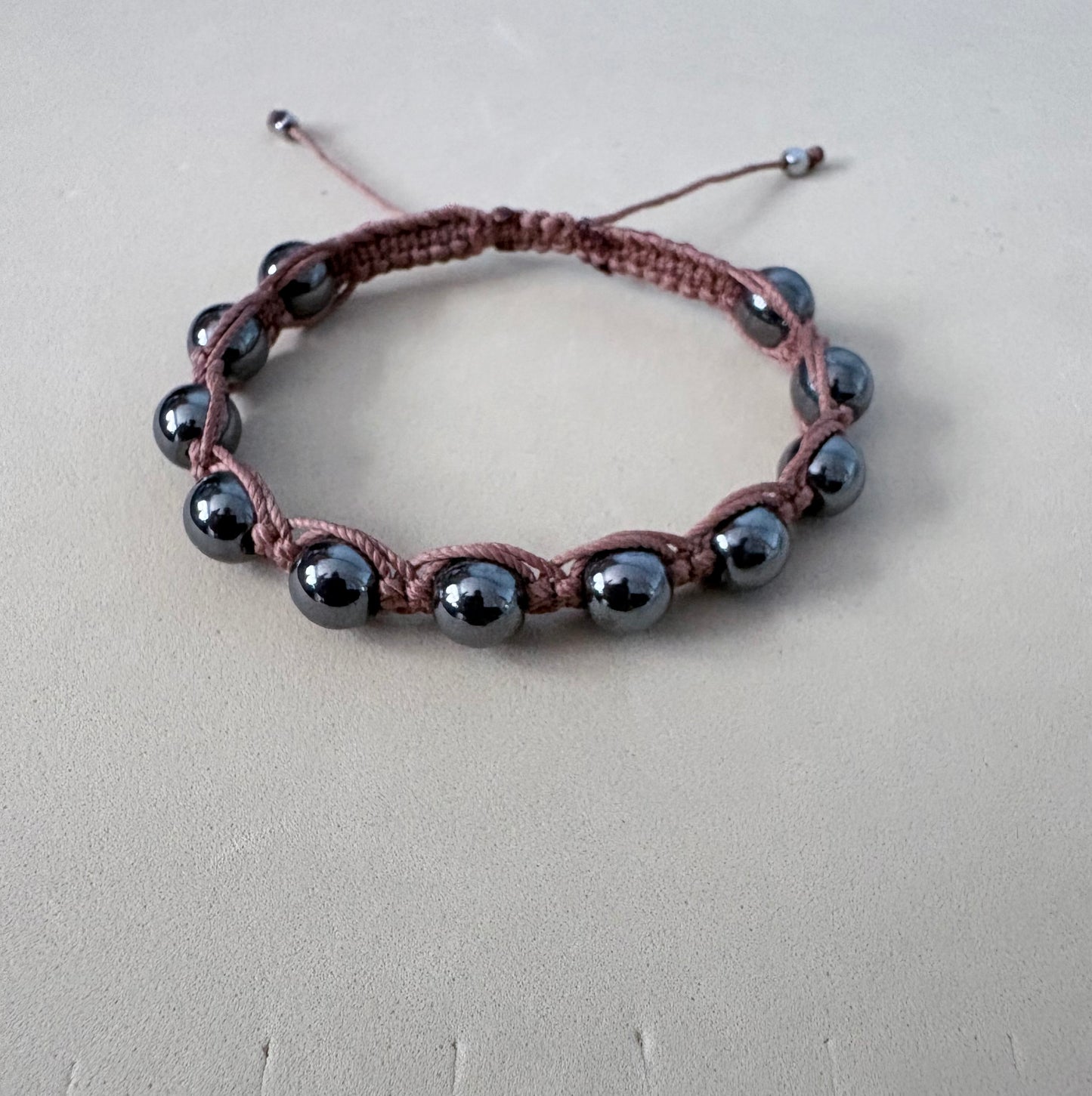 Handmade Hematite Macrame Bracelet – Earthy Brown Adjustable Wax Cord