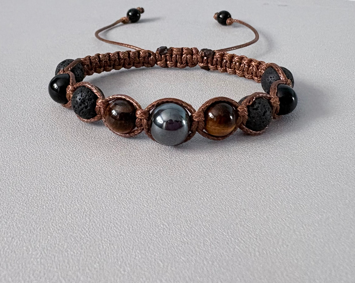 Handmade Macrame Gemstone Bracelet – Tiger's Eye, Hematite & Lava Rock