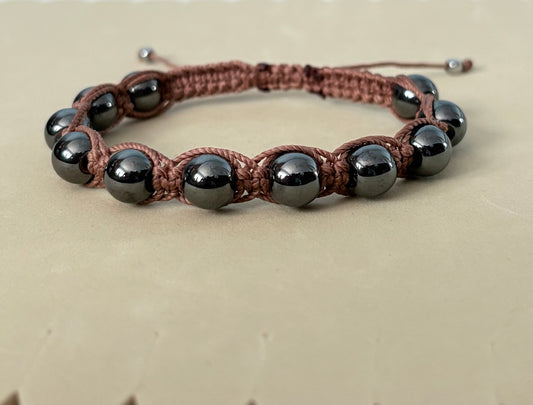 Handmade Hematite Macrame Bracelet – Earthy Brown Adjustable Wax Cord