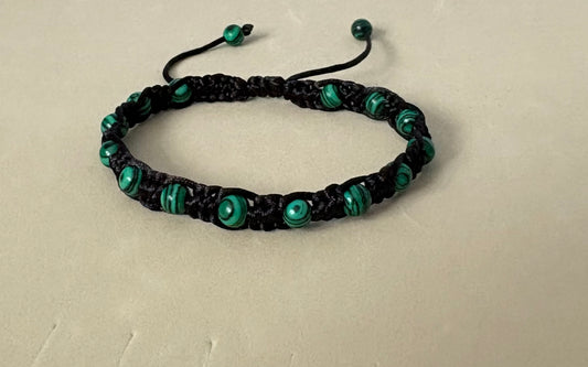 Handmade Synthetic Malachite Macrame Bracelet – Adjustable Black Satin Cord