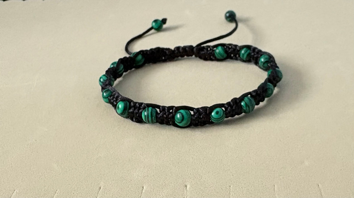 Handmade Synthetic Malachite Macrame Bracelet – Adjustable Black Satin Cord