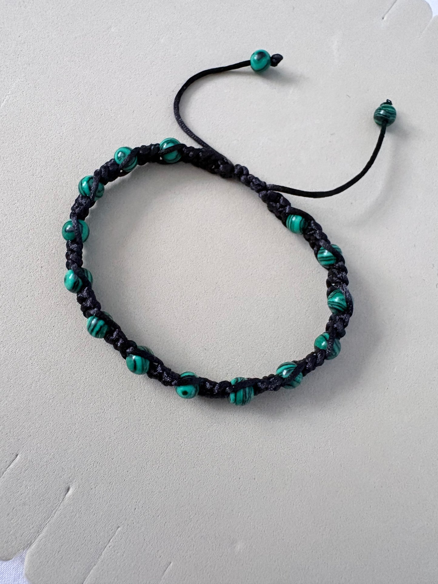 Handmade Synthetic Malachite Macrame Bracelet – Adjustable Black Satin Cord