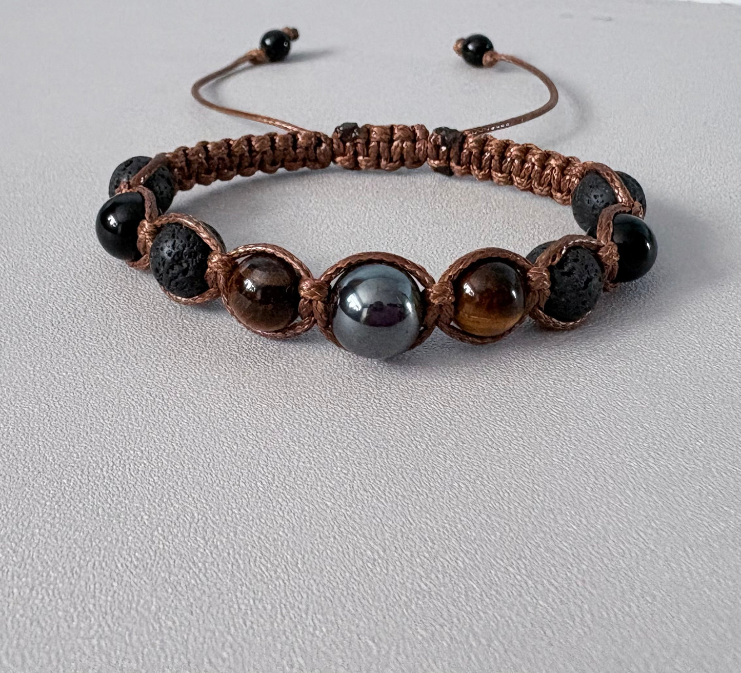 Handmade Macrame Gemstone Bracelet – Tiger's Eye, Hematite & Lava Rock