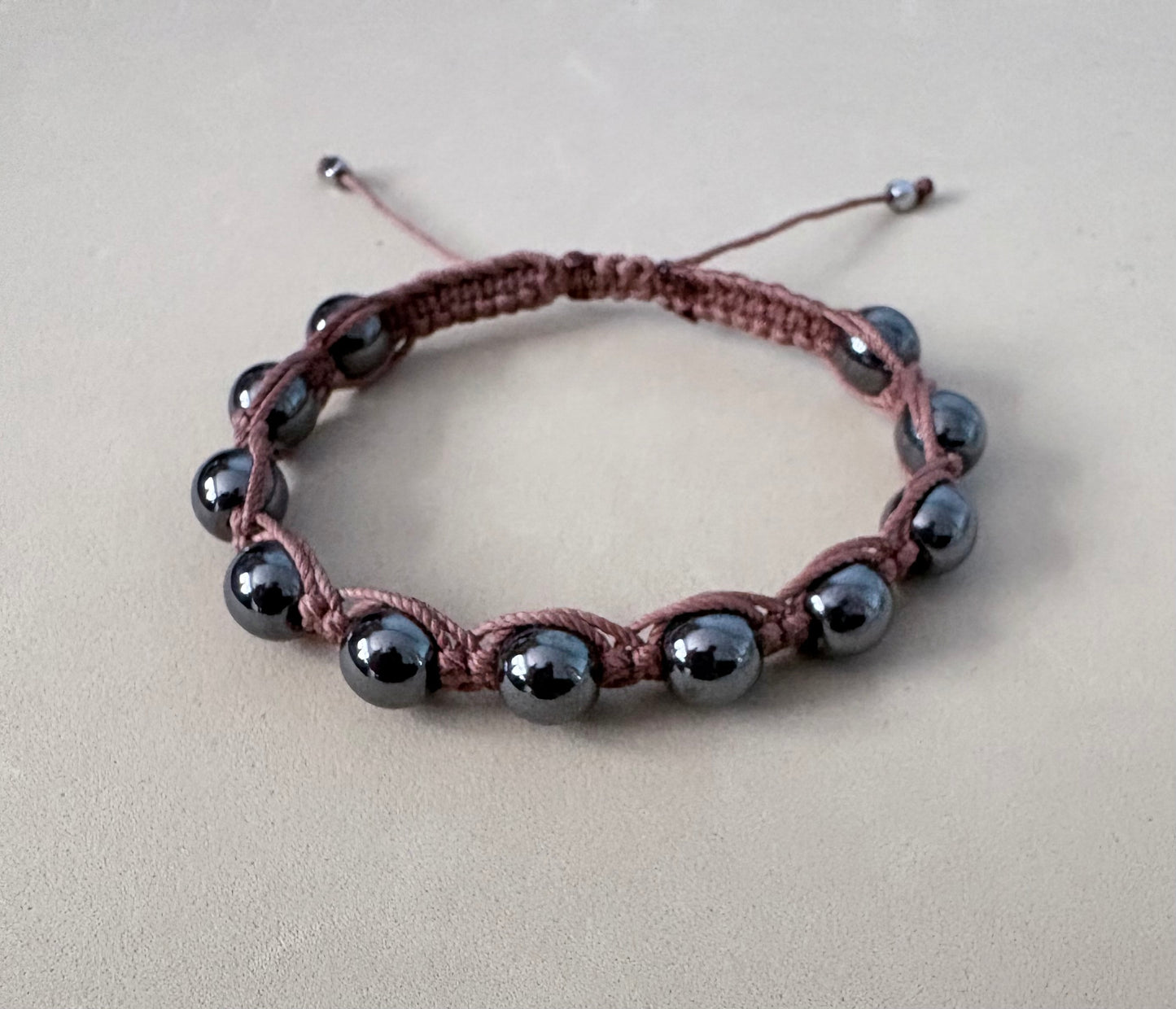 Handmade Hematite Macrame Bracelet – Earthy Brown Adjustable Wax Cord