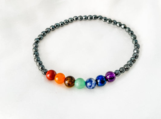 Chakra Bracelet, Natural Hematite Beaded Bracelet.