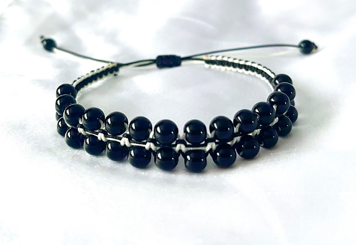 Black Onyx Double Layer Bracelet: Adjustable Beaded Cord
