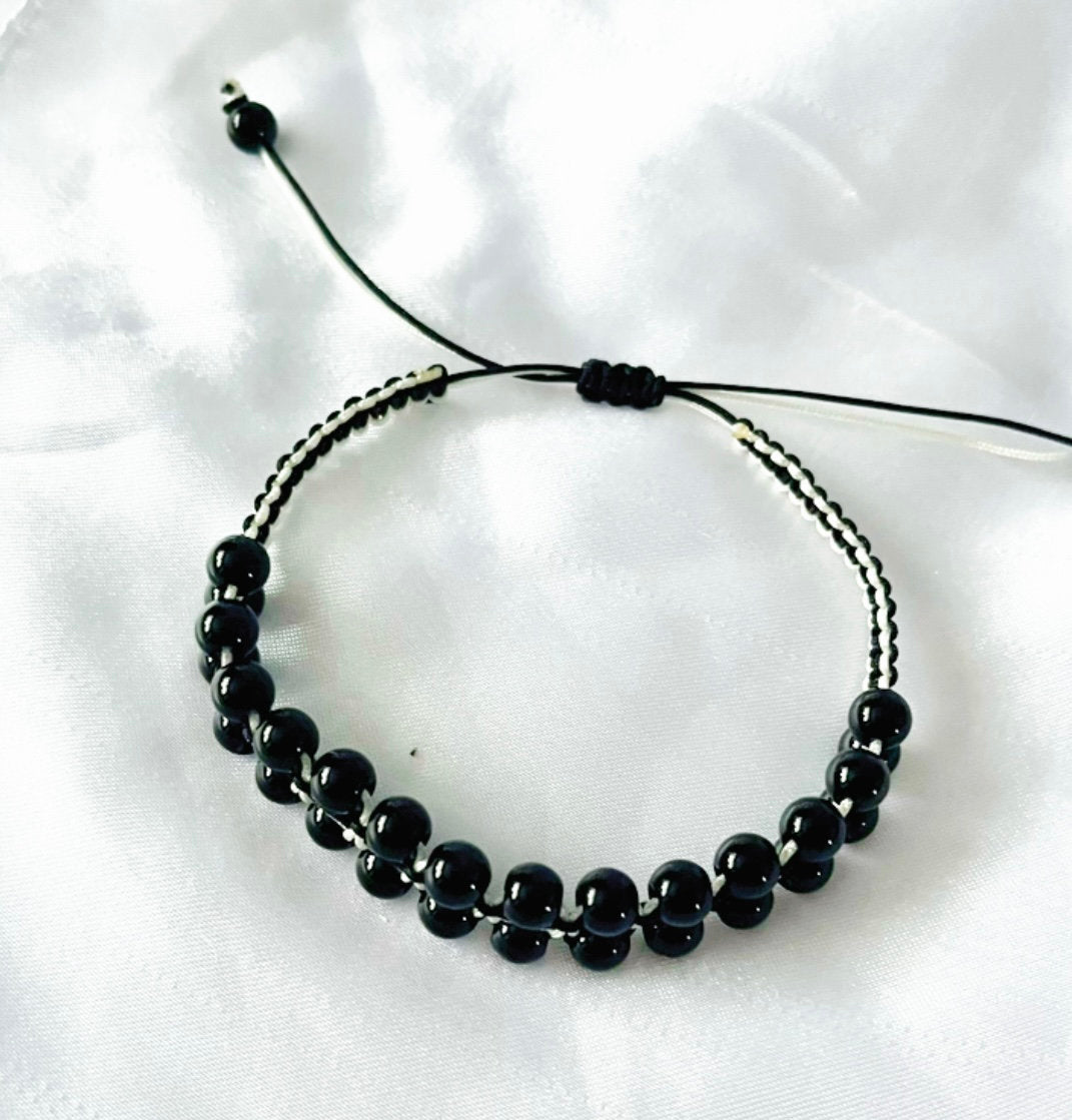 Black Onyx Double Layer Bracelet: Adjustable Beaded Cord