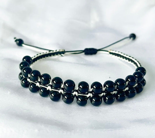 Black Onyx Double Layer Bracelet: Adjustable Beaded Cord