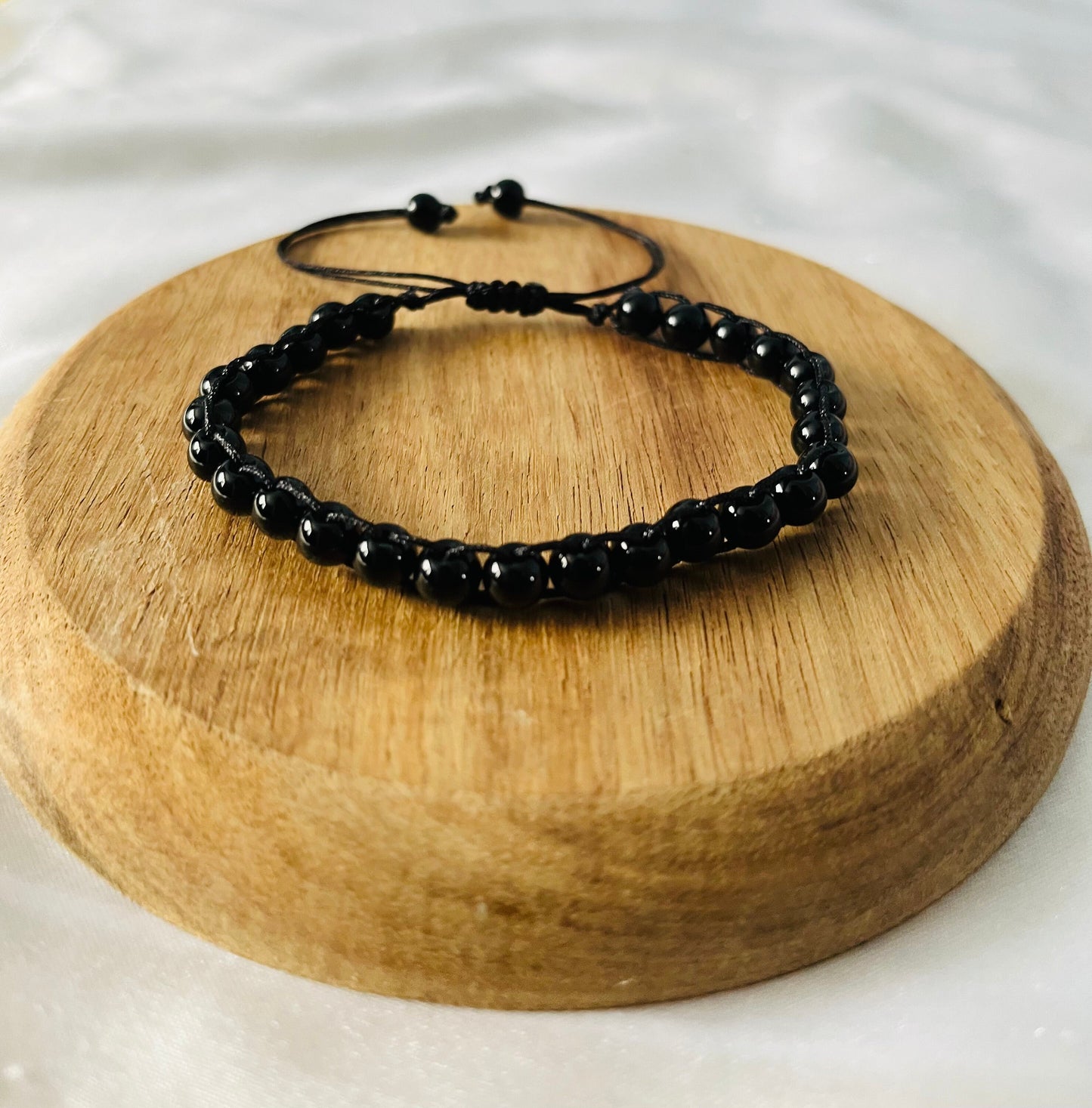 Black Onyx Beaded Anklet: Adjustable Nylon Cord Bracelet