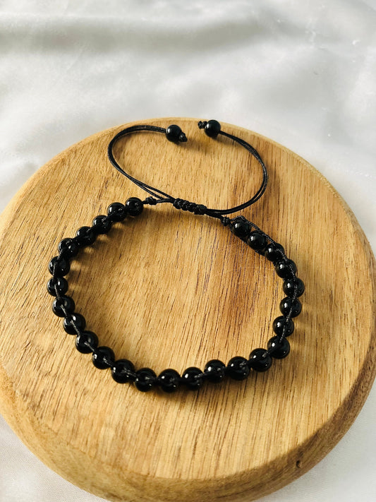 Black Onyx Beaded Anklet: Adjustable Nylon Cord Bracelet