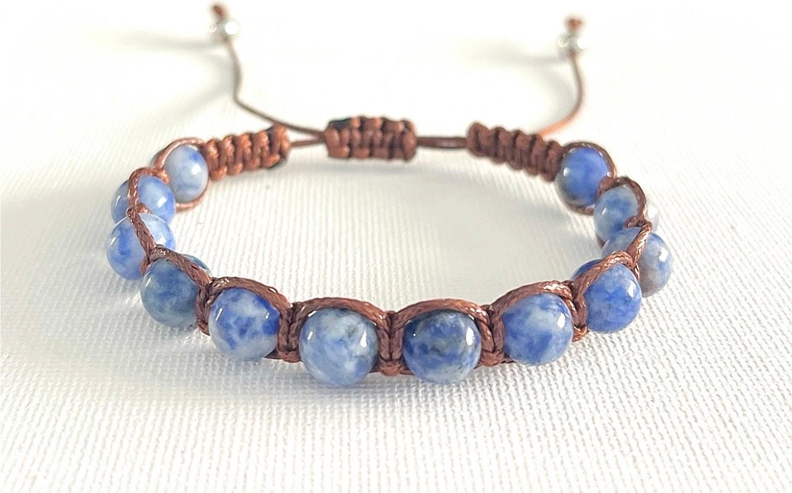 Sodalite Macrame Bracelet: Blue Stone Beaded Wax Cord