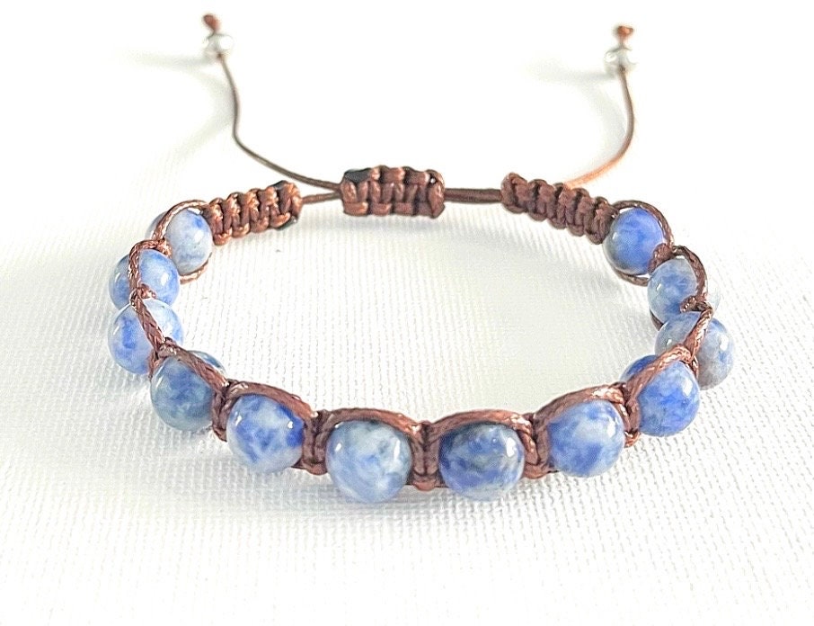 Sodalite Macrame Bracelet: Blue Stone Beaded Wax Cord