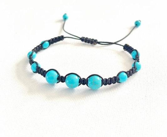 Macrame Turquoise Beaded Bracelet: Adjustable Unisex Cord