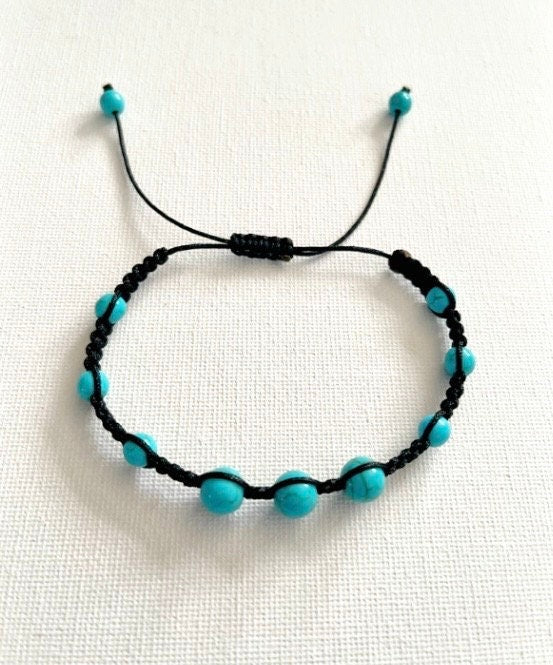 Macrame Turquoise Beaded Bracelet: Adjustable Unisex Cord