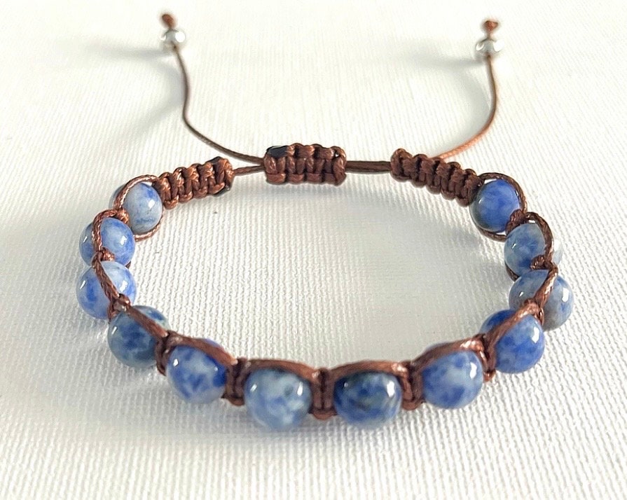 Sodalite Macrame Bracelet: Blue Stone Beaded Wax Cord