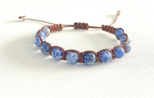 Sodalite Macrame Bracelet: Blue Stone Beaded Wax Cord