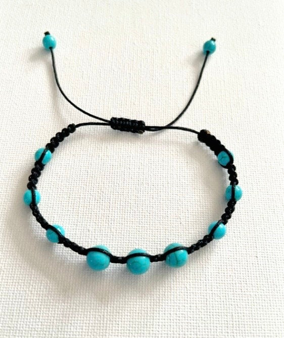 Macrame Turquoise Beaded Bracelet: Adjustable Unisex Cord