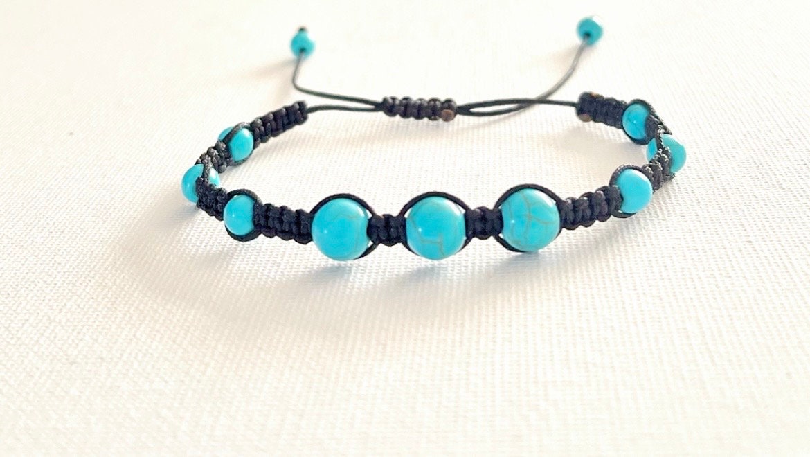 Macrame Turquoise Beaded Bracelet: Adjustable Unisex Cord
