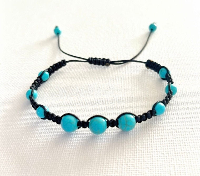 Macrame Turquoise Beaded Bracelet: Adjustable Unisex Cord