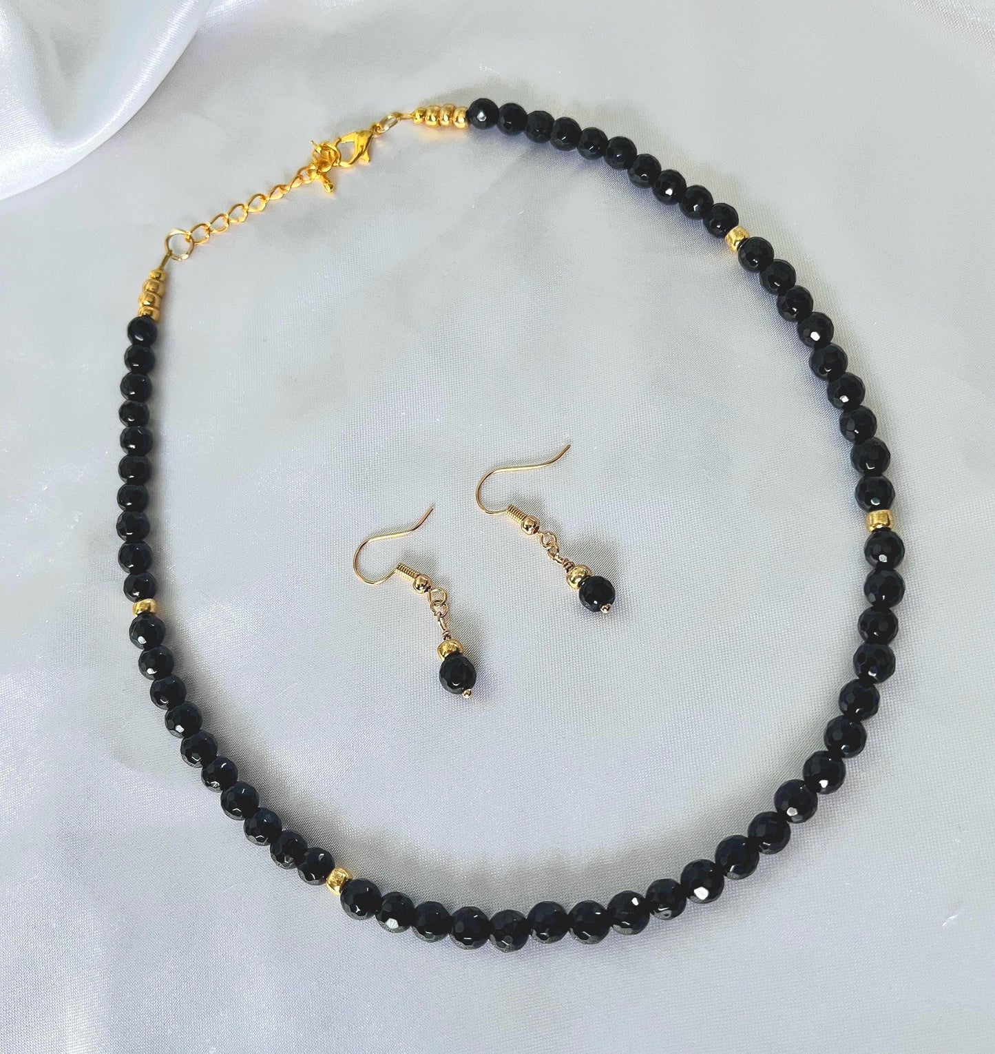 Black Onyx Necklace and Earring Set: Faceted Bead Choker