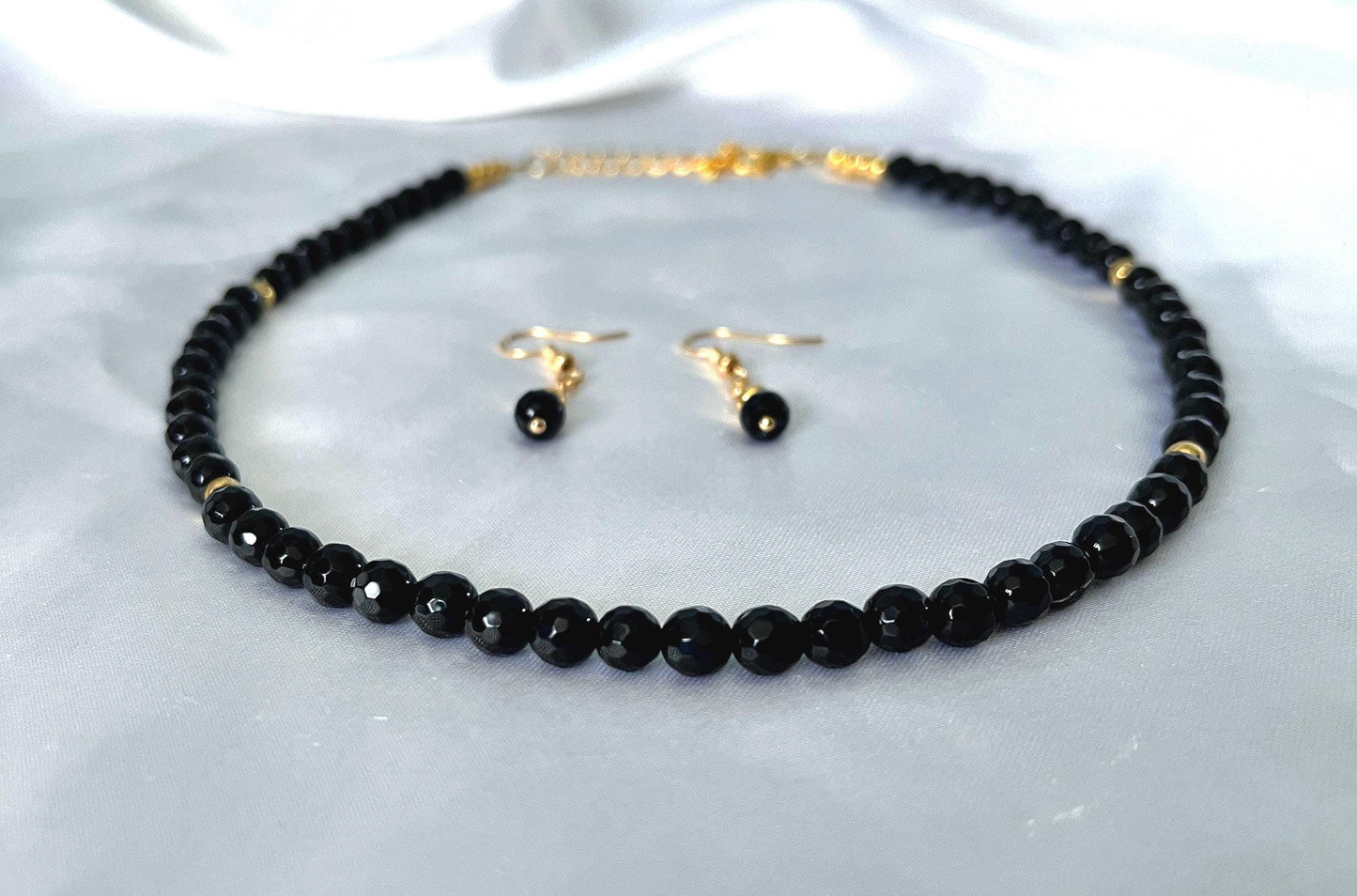 Black Onyx Necklace and Earring Set: Faceted Bead Choker