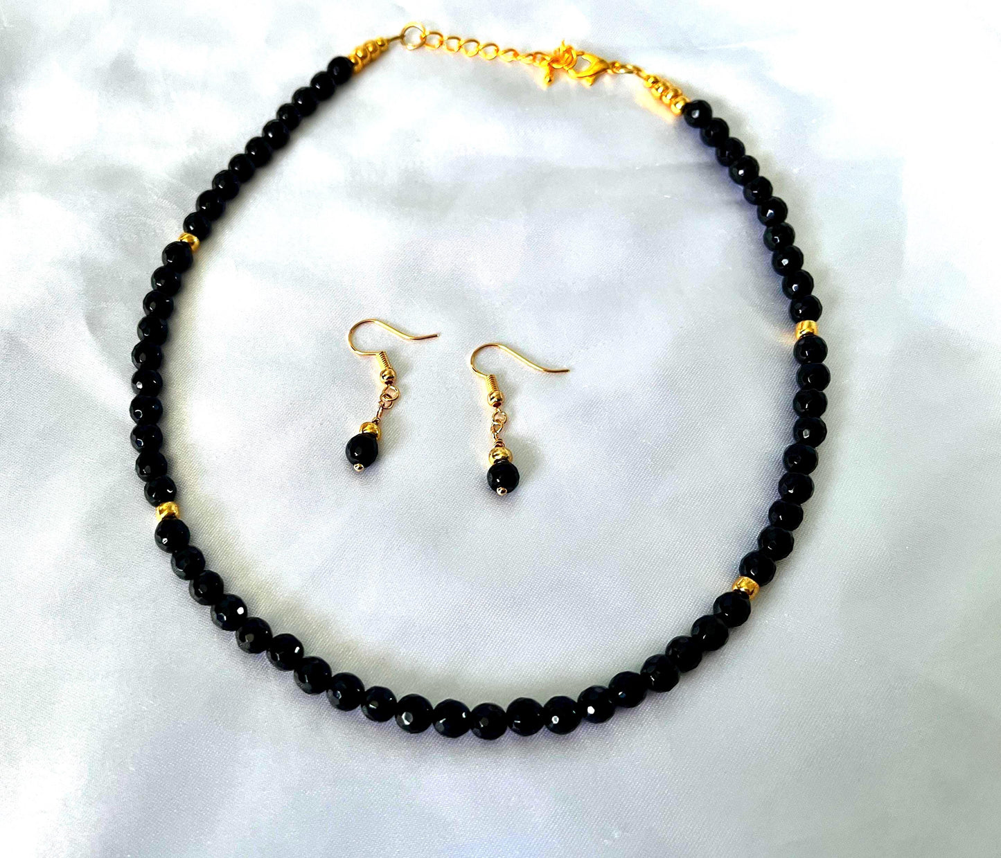 Black Onyx Necklace and Earring Set: Faceted Bead Choker