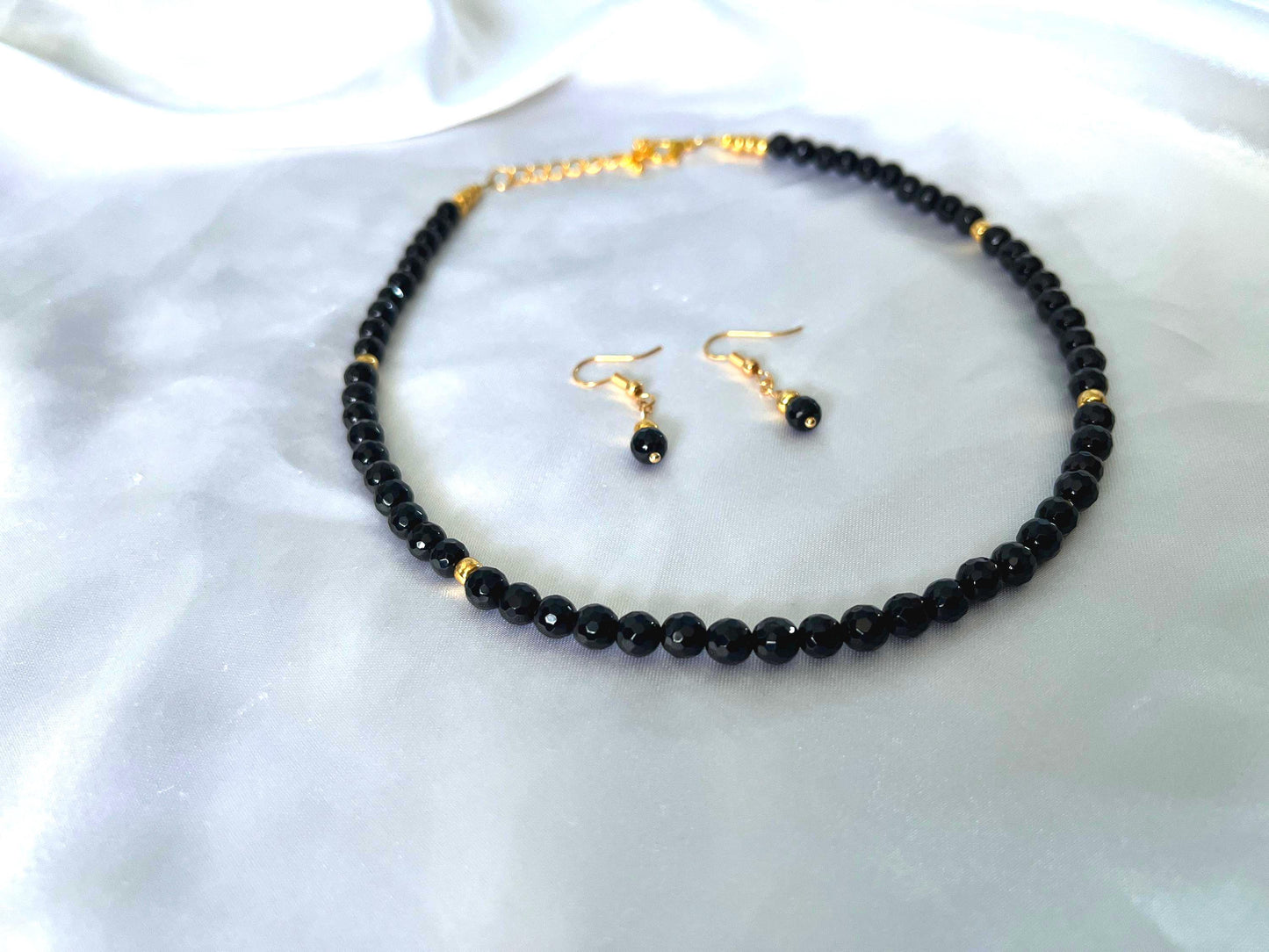 Black Onyx Necklace and Earring Set: Faceted Bead Choker
