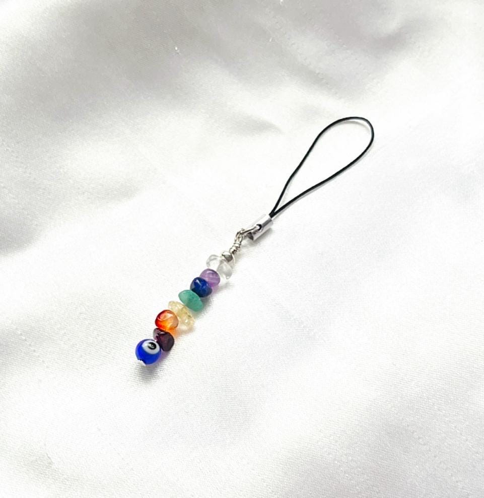 Mini Chakra Crystal Phone Charm, Evil Eye Bead