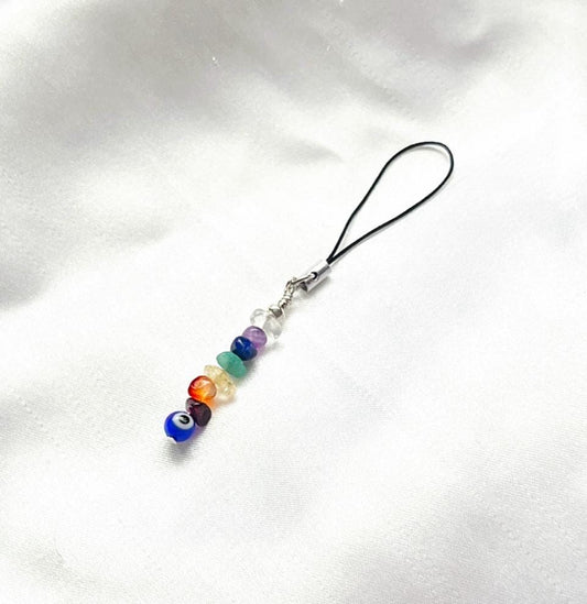 Mini Chakra Crystal Phone Charm, Evil Eye Bead