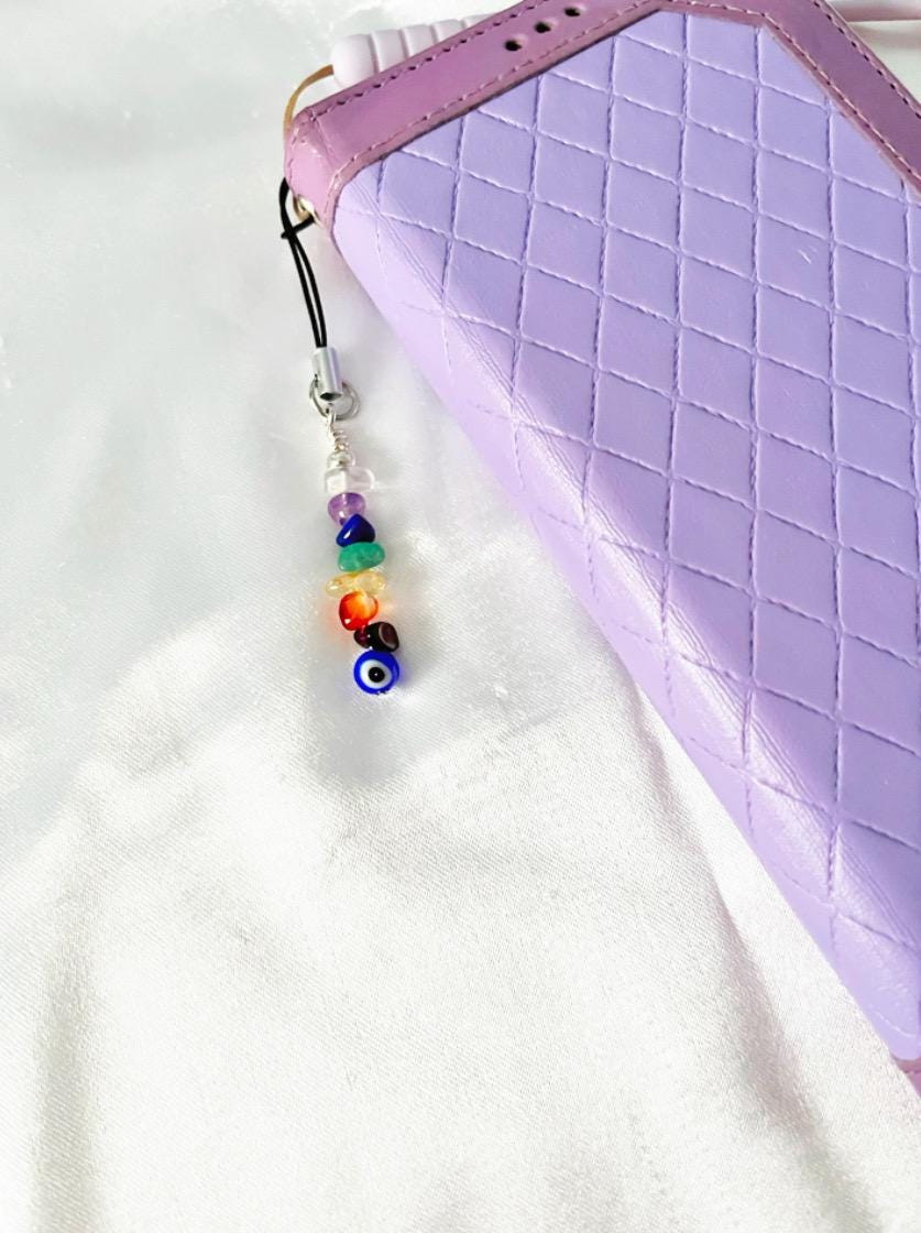 Mini Chakra Crystal Phone Charm, Evil Eye Bead