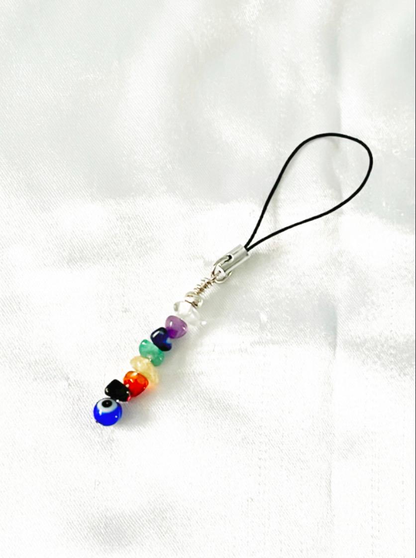Mini Chakra Crystal Phone Charm, Evil Eye Bead