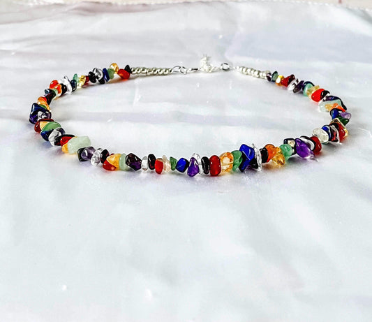 Handmade 7 Chakra Crystal Necklace: Mix Gemstone Chip Choker