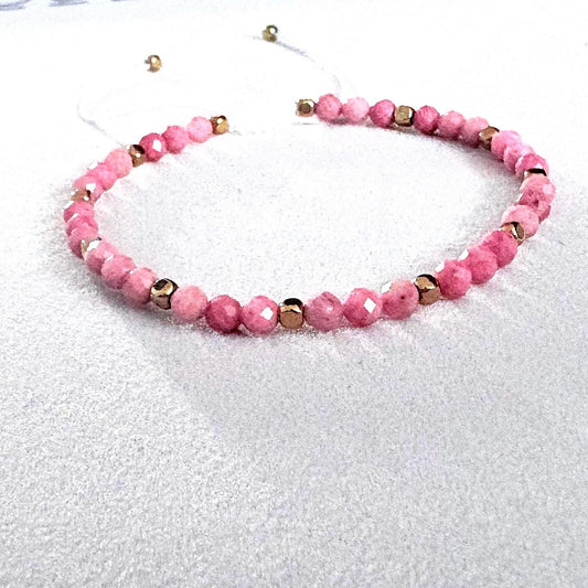 Handmade Rhodonite Bracelet: Dainty Gemstone Beads with Gold Accents