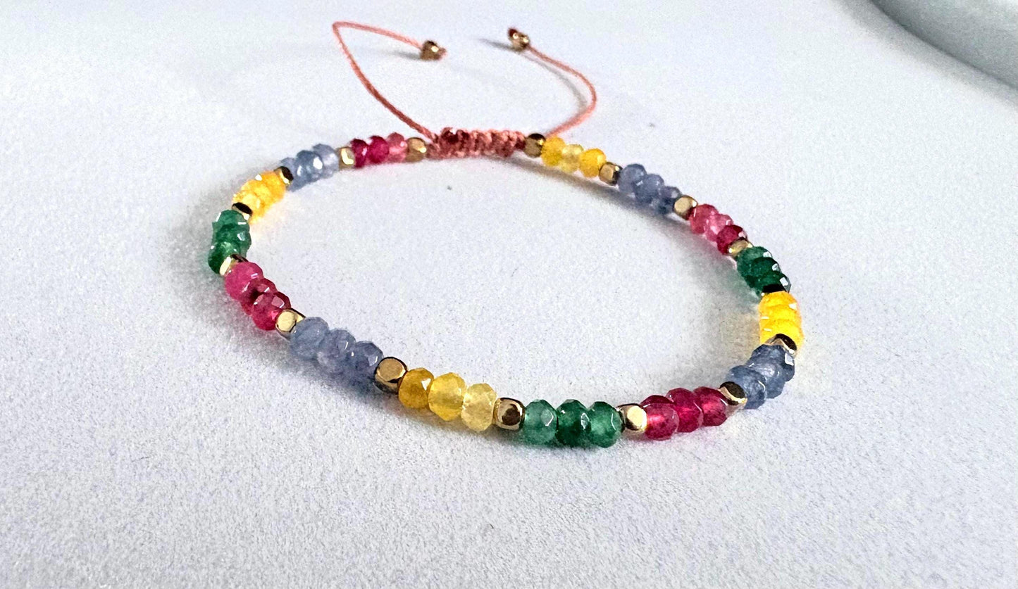 Handmade Rhodonite Bracelet: Dainty Gemstone Beads with Gold Accents