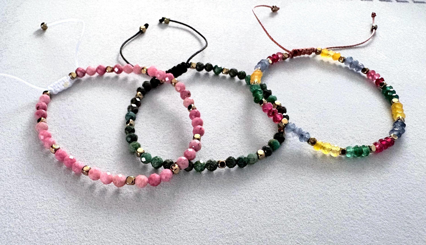 Handmade Rhodonite Bracelet: Dainty Gemstone Beads with Gold Accents